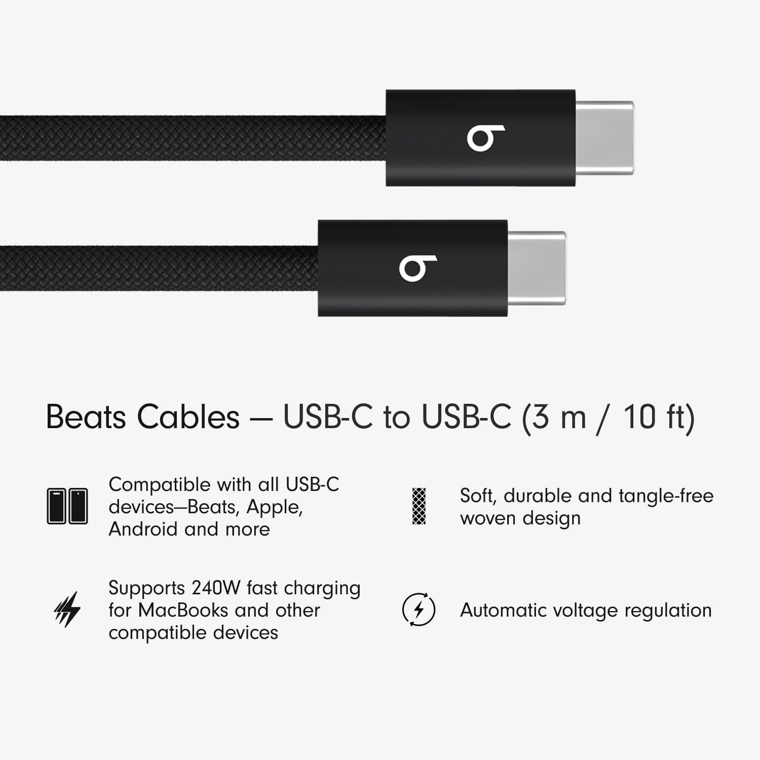 imageBeats 240W USBC to USBC Braided Cable Fast Charging DurableTangle Free Compatible with Apple and Android Devices 3 m10 ft Bolt BlackBolt Black