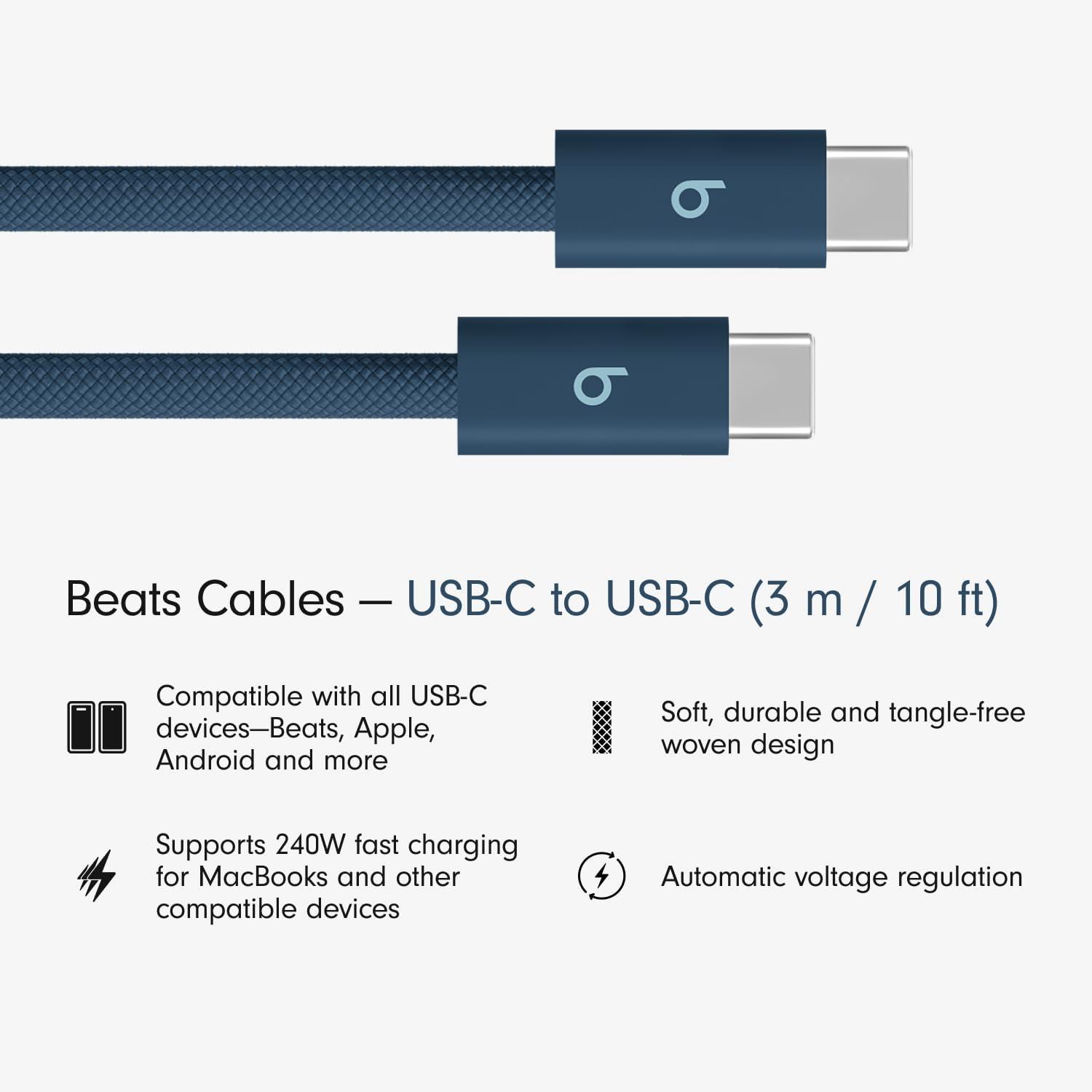 imageBeats 240W USBC to USBC Braided Cable Fast Charging DurableTangle Free Compatible with Apple and Android Devices 3 m10 ft Bolt BlackNitro Navy