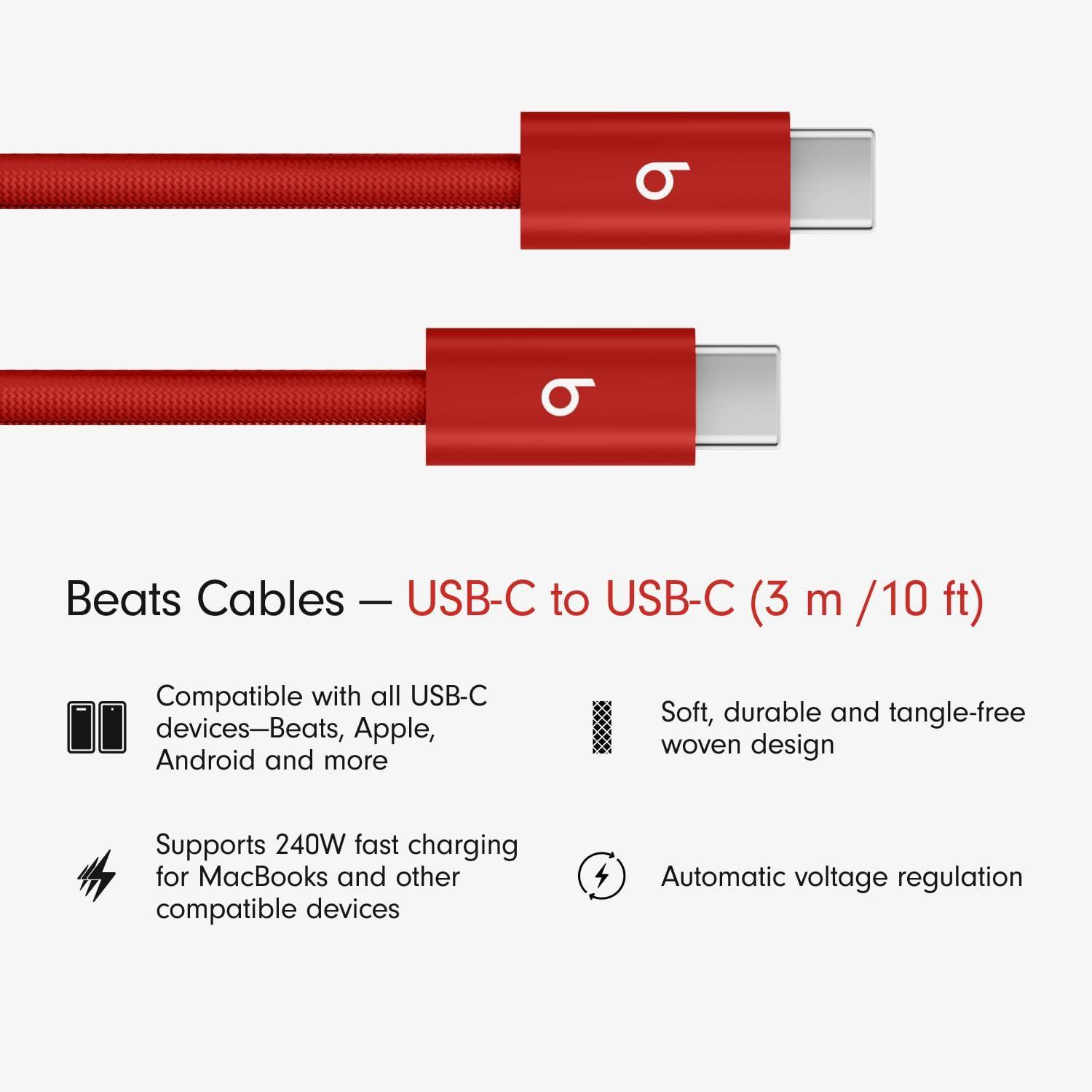 imageBeats 240W USBC to USBC Braided Cable Fast Charging DurableTangle Free Compatible with Apple and Android Devices 3 m10 ft Bolt BlackRapid Red