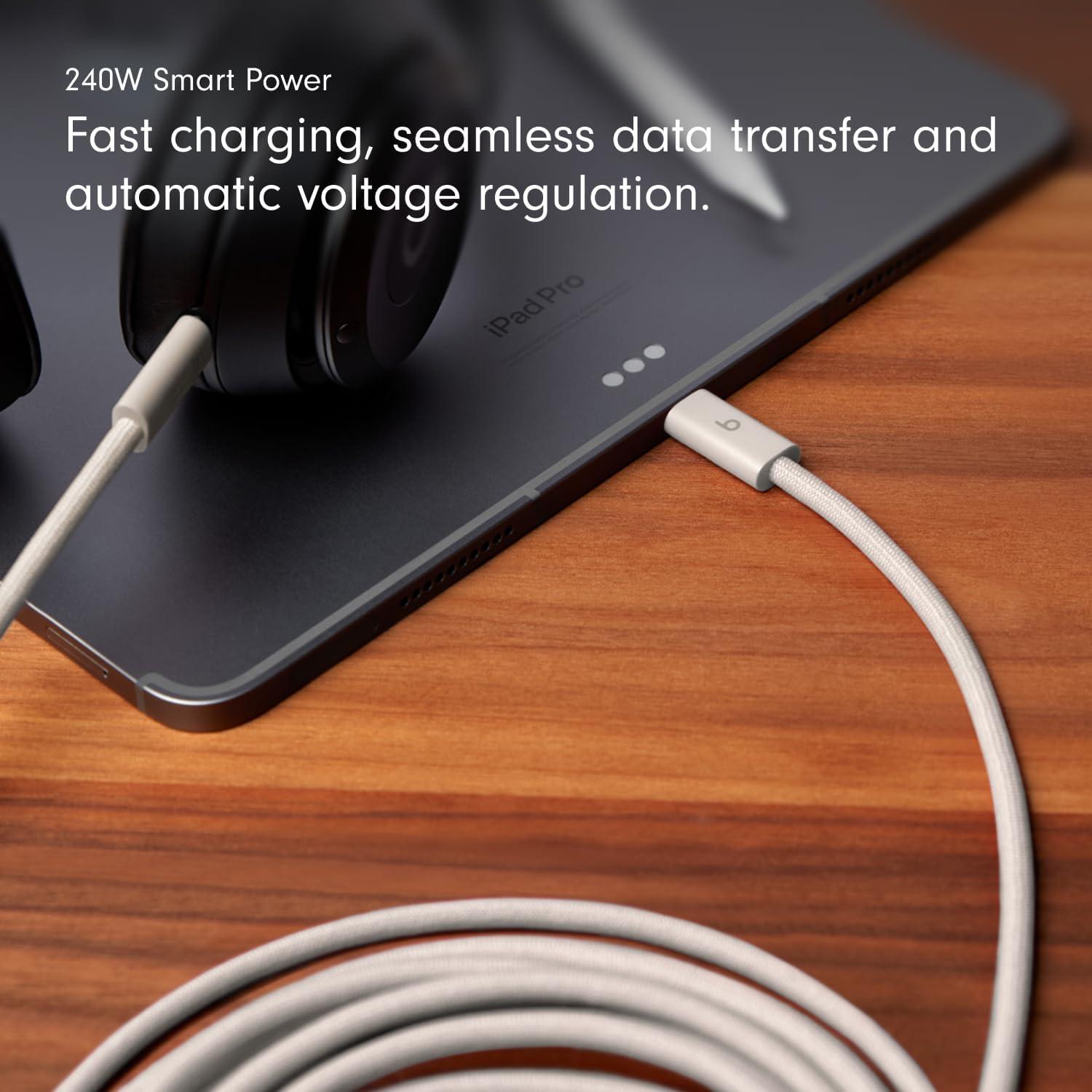imageBeats 240W USBC to USBC Braided Cable Fast Charging DurableTangle Free Compatible with Apple and Android Devices 3 m10 ft Bolt BlackSurge Stone